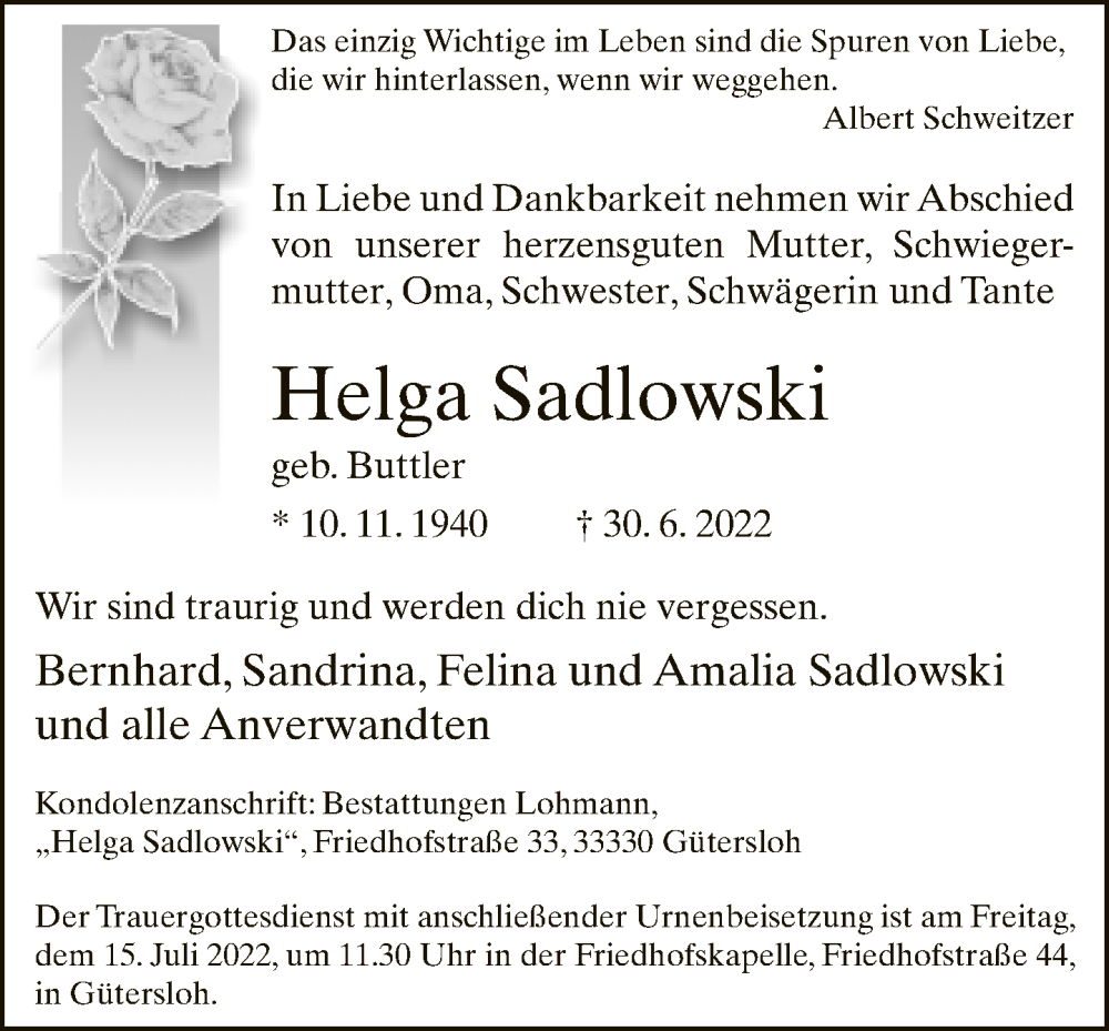  Traueranzeige für Helga Sadlowski vom 09.07.2022 aus Neue Westfälische