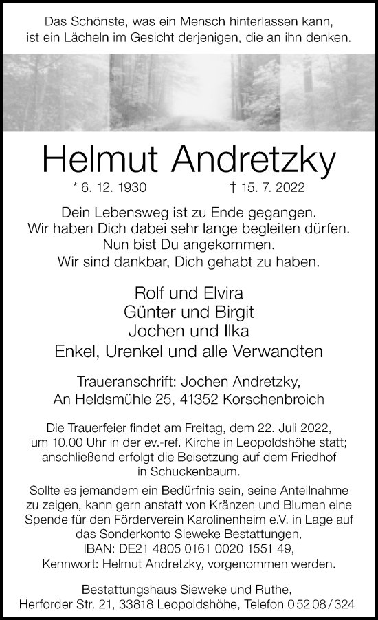 Traueranzeige von Helmut Andretzky von Neue Westfälische