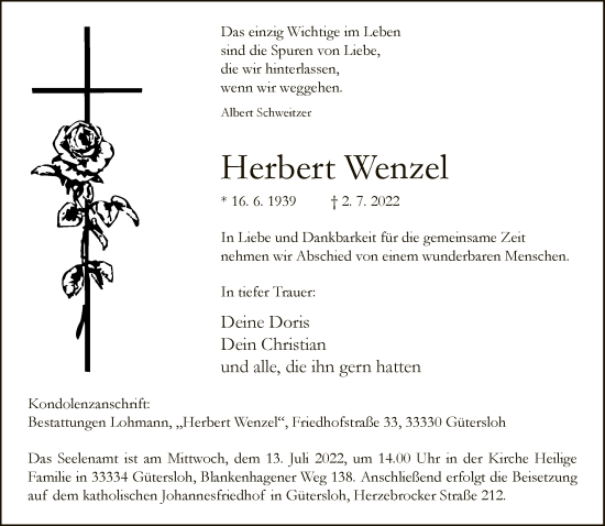Traueranzeige von Herbert Wenzel von Neue Westfälische