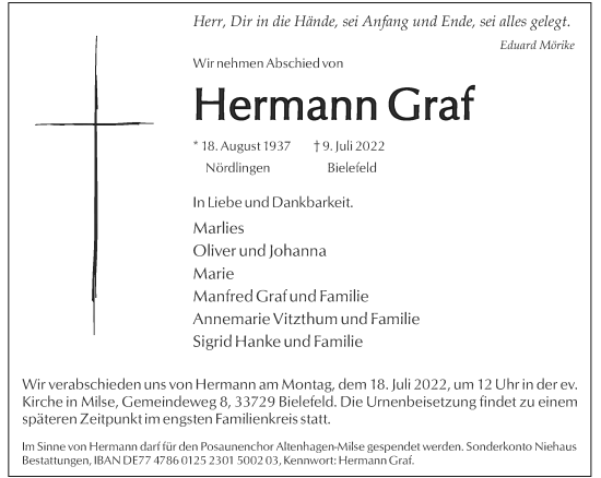 Traueranzeige von Hermann Graf von Neue Westfälische