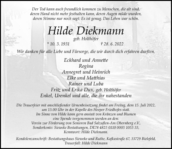Traueranzeige von Hilde Diekmann von Neue Westfälische