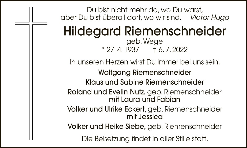  Traueranzeige für Hildegard Riemenschneider vom 09.07.2022 aus Neue Westfälische