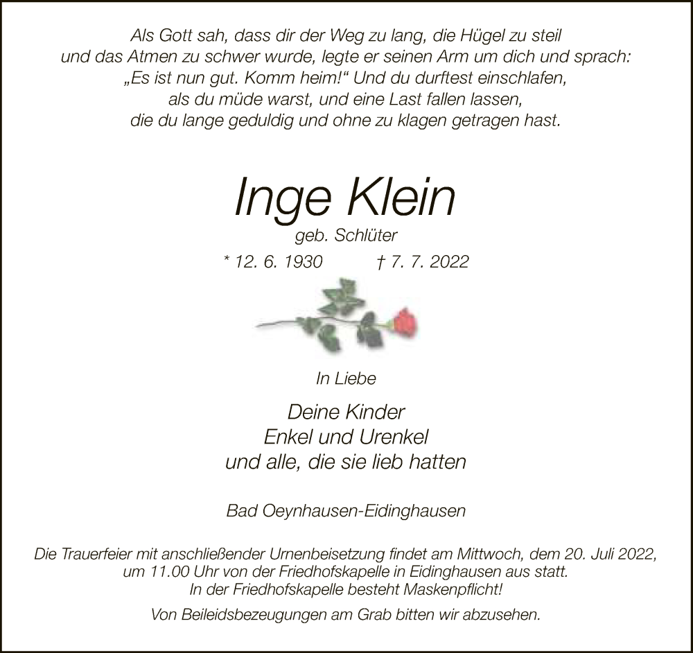  Traueranzeige für Inge Klein vom 16.07.2022 aus Neue Westfälische