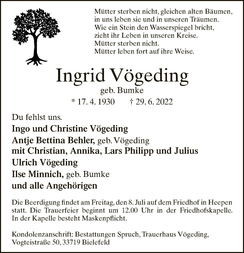  Traueranzeige für Ingrid Vögeding vom 02.07.2022 aus Neue Westfälische