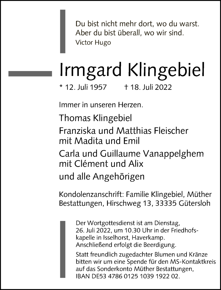  Traueranzeige für Irmgard Klingebiel vom 23.07.2022 aus Neue Westfälische