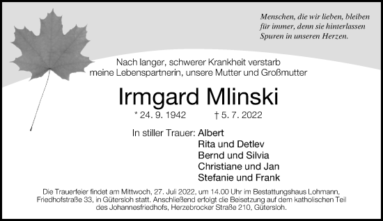 Traueranzeige von Irmgard Mlinski von Neue Westfälische