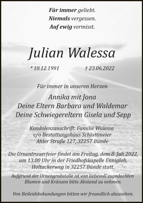 Traueranzeige von Julian Walessa von Neue Westfälische