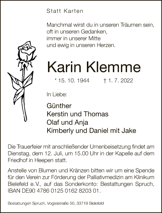 Traueranzeige von Karin Klemme von Neue Westfälische