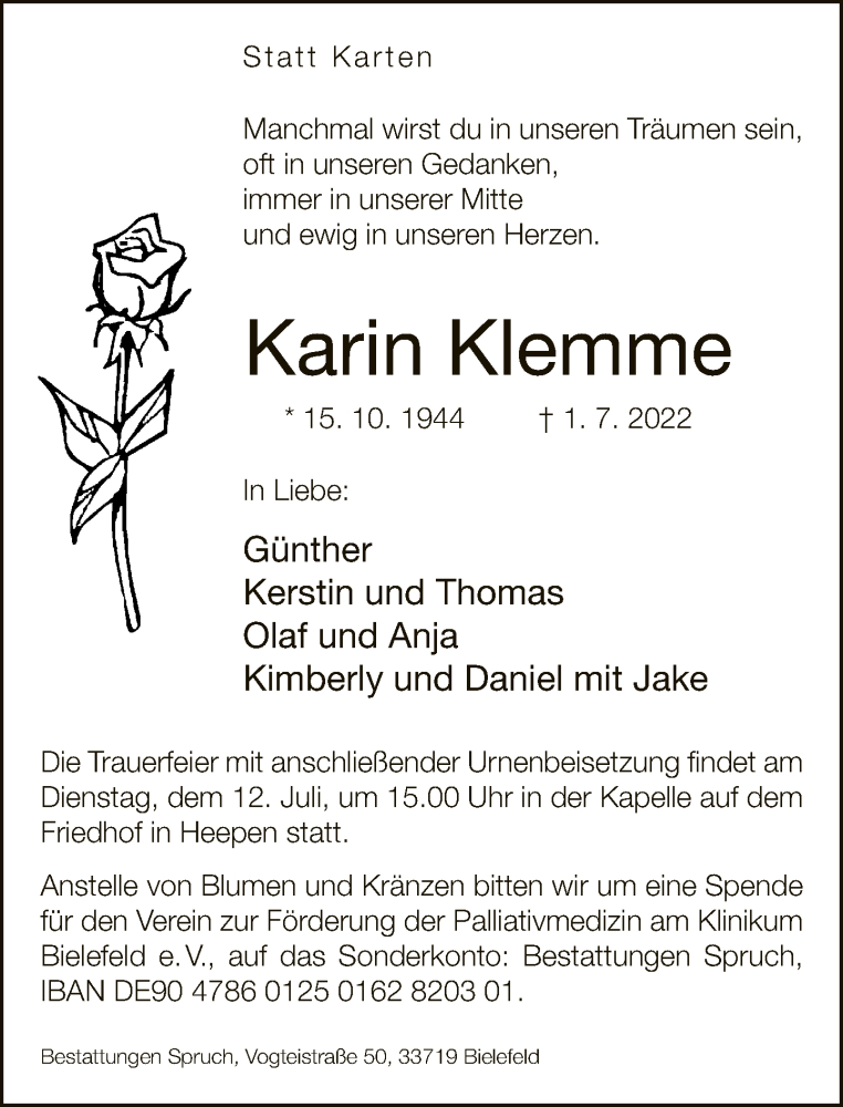  Traueranzeige für Karin Klemme vom 06.07.2022 aus Neue Westfälische