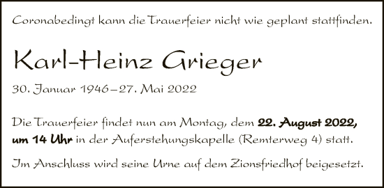 Traueranzeige von Karl-Heinz Grieger von Neue Westfälische