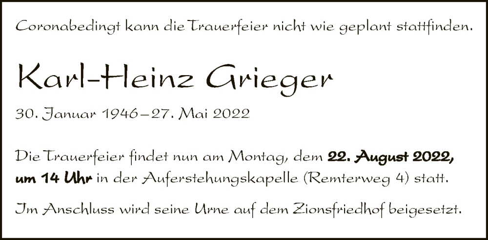  Traueranzeige für Karl-Heinz Grieger vom 27.07.2022 aus Neue Westfälische