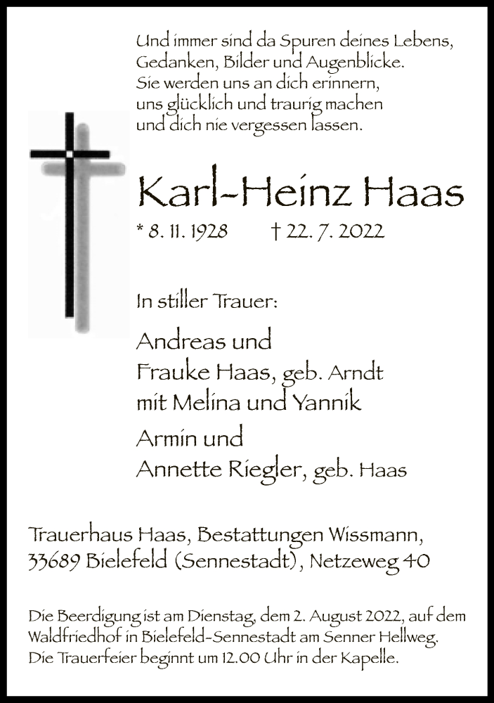  Traueranzeige für Karl-Heinz Haas vom 30.07.2022 aus Neue Westfälische
