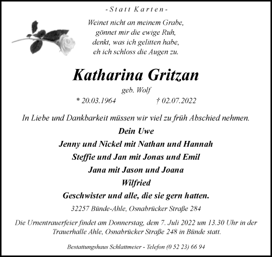Traueranzeige von Katharina Gritzan von Neue Westfälische