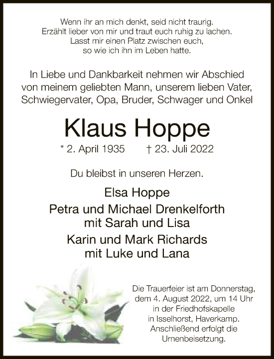 Traueranzeige von Klaus Hoppe von Neue Westfälische
