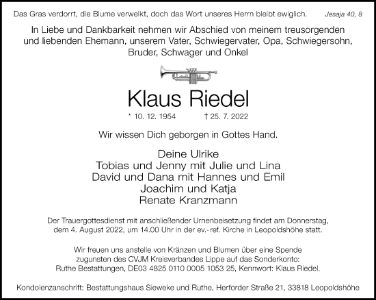 Traueranzeige von Klaus Riedel von Neue Westfälische