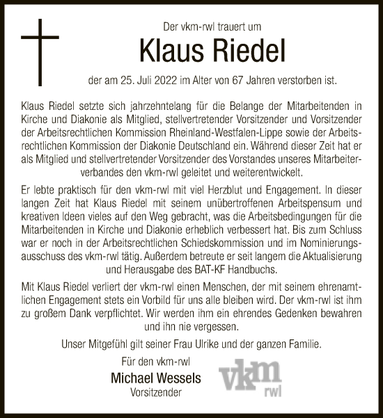 Traueranzeige von Klaus Riedel von Neue Westfälische