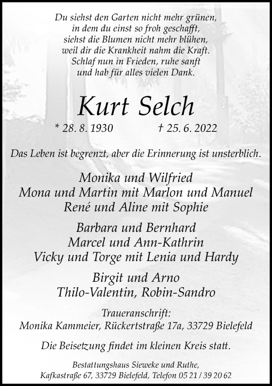 Traueranzeige von Kurt Selch von Neue Westfälische