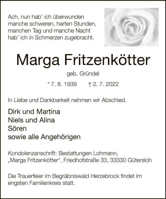 Traueranzeige von Marga Fritzenkötter von Neue Westfälische