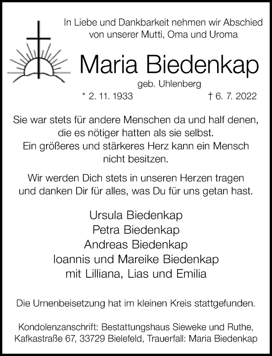 Traueranzeige von Maria Biedenkap von Neue Westfälische