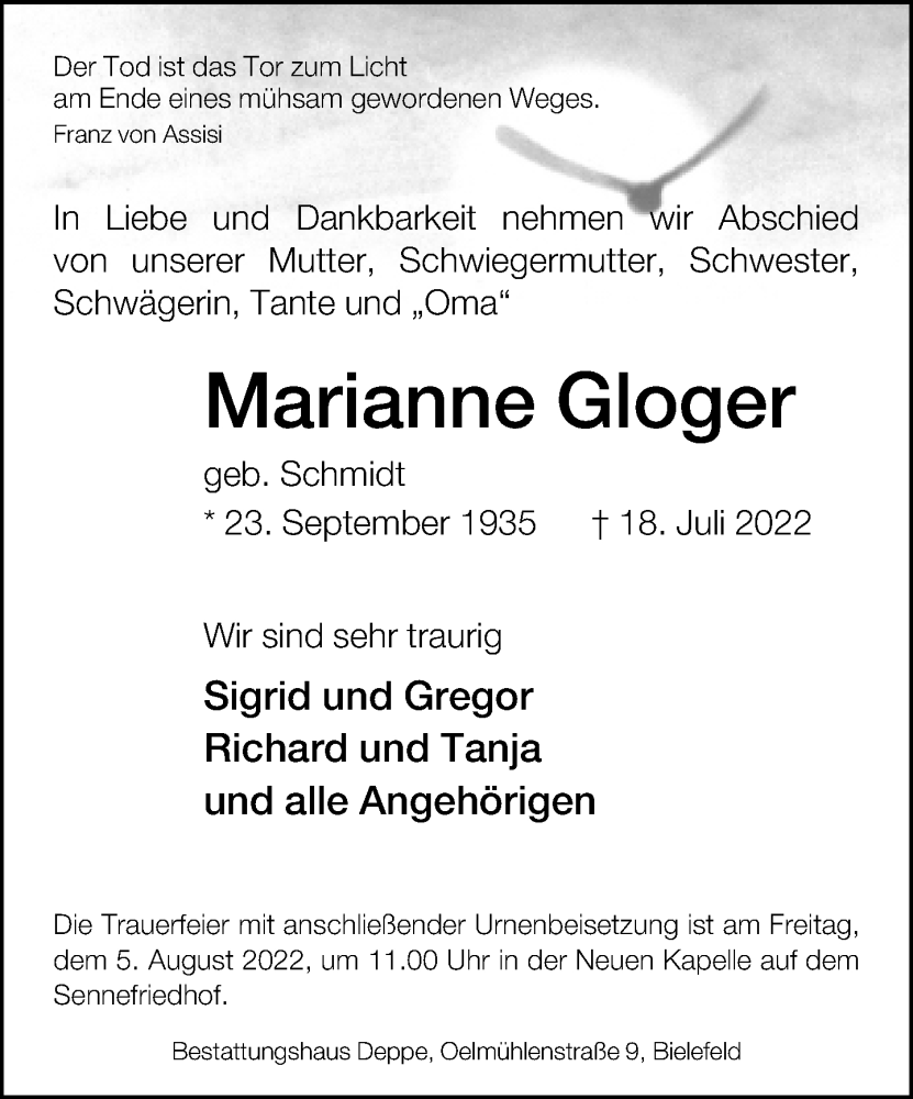  Traueranzeige für Marianne Gloger vom 30.07.2022 aus Neue Westfälische