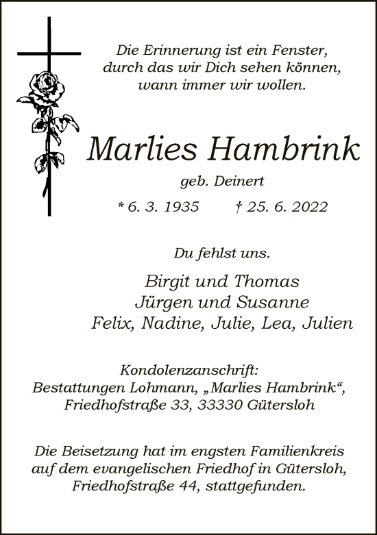 Traueranzeige von Marlies Hambrink von Neue Westfälische