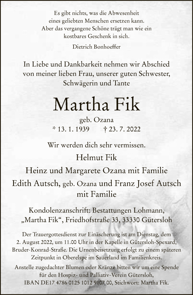  Traueranzeige für Martha Fik vom 30.07.2022 aus Neue Westfälische