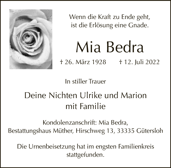 Traueranzeige von Mia Bedra von Neue Westfälische