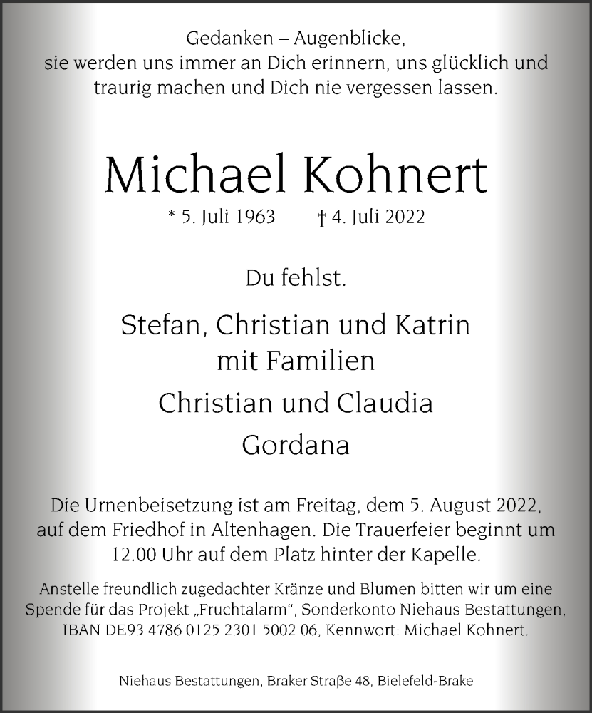  Traueranzeige für Michael Kohnert vom 16.07.2022 aus Neue Westfälische