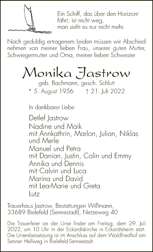  Traueranzeige für Monika Jastrow vom 23.07.2022 aus Neue Westfälische