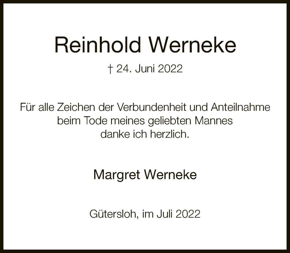  Traueranzeige für Reinhold Werneke vom 29.07.2022 aus Neue Westfälische