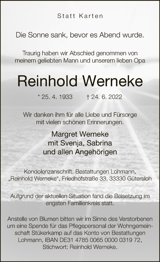 Traueranzeige von Reinhold Werneke von Neue Westfälische