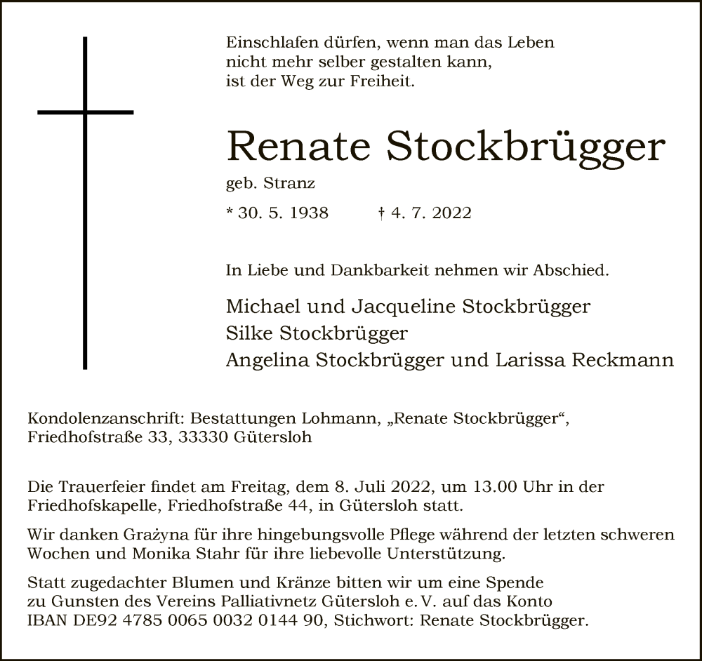  Traueranzeige für Renate Stockbrügger vom 07.07.2022 aus Neue Westfälische