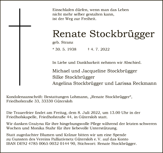 Traueranzeige von Renate Stockbrügger von Neue Westfälische