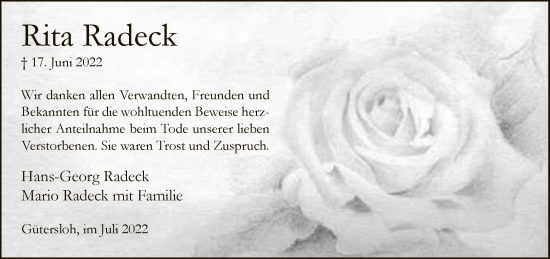 Traueranzeige von Rita Radeck von Neue Westfälische