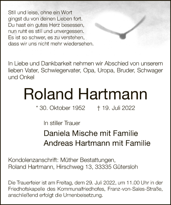 Traueranzeige von Roland Hartmann von Neue Westfälische