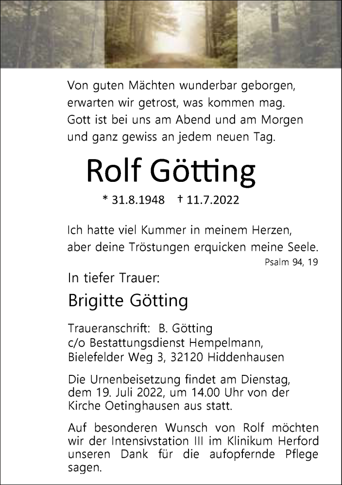  Traueranzeige für Rolf Götting vom 16.07.2022 aus Neue Westfälische