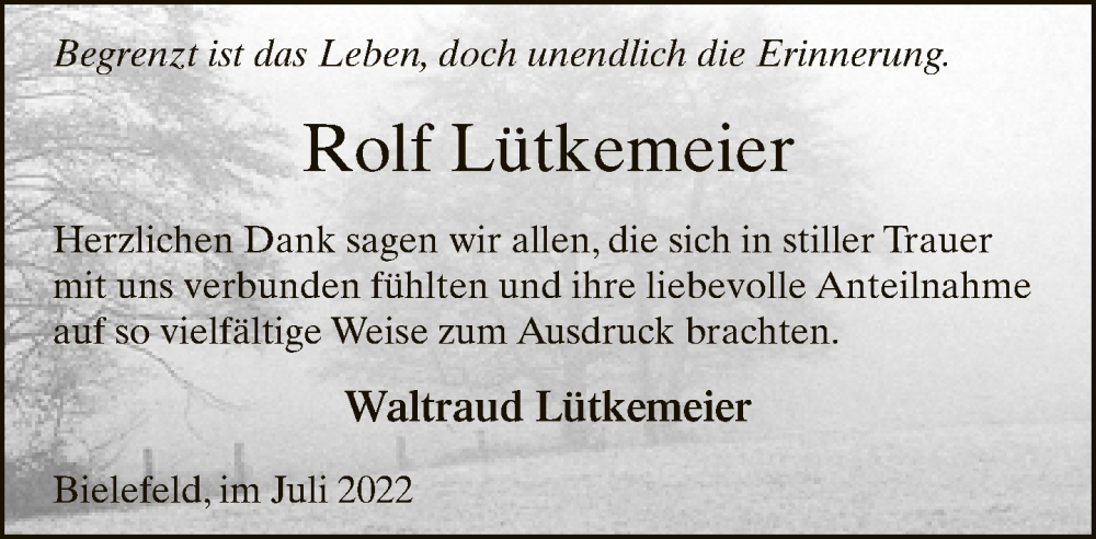  Traueranzeige für Rolf Lütkemeier vom 16.07.2022 aus Neue Westfälische