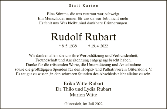 Traueranzeige von Rudolf Rubart von Neue Westfälische