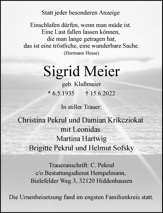 Traueranzeige von Sigrid Meier von Neue Westfälische