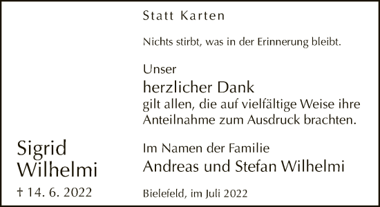 Traueranzeige von Sigrid Wilhelmi von Neue Westfälische