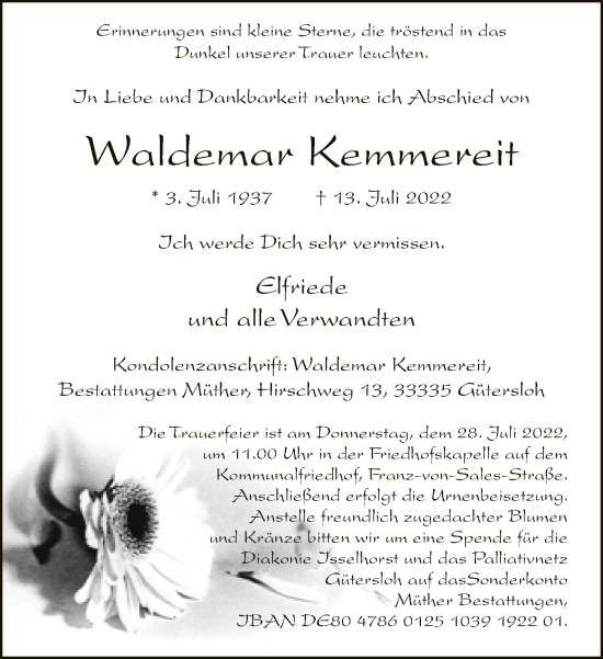 Traueranzeige von Waldemar Kemmereit von Neue Westfälische