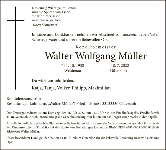 Traueranzeige von Walter Wolfgang Müller von Neue Westfälische