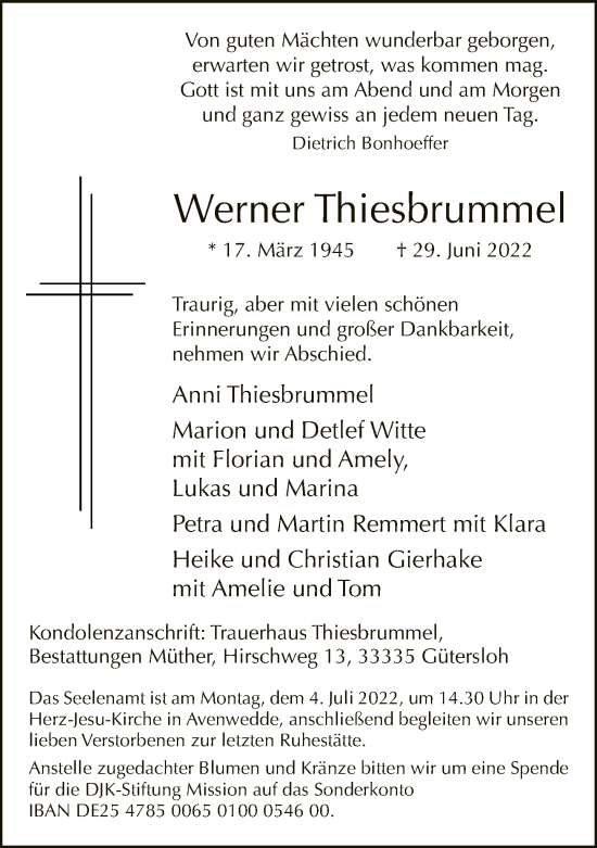 Traueranzeige von Werner Thiesbrummel von Neue Westfälische