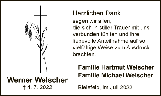 Traueranzeige von Werner Welscher von Neue Westfälische