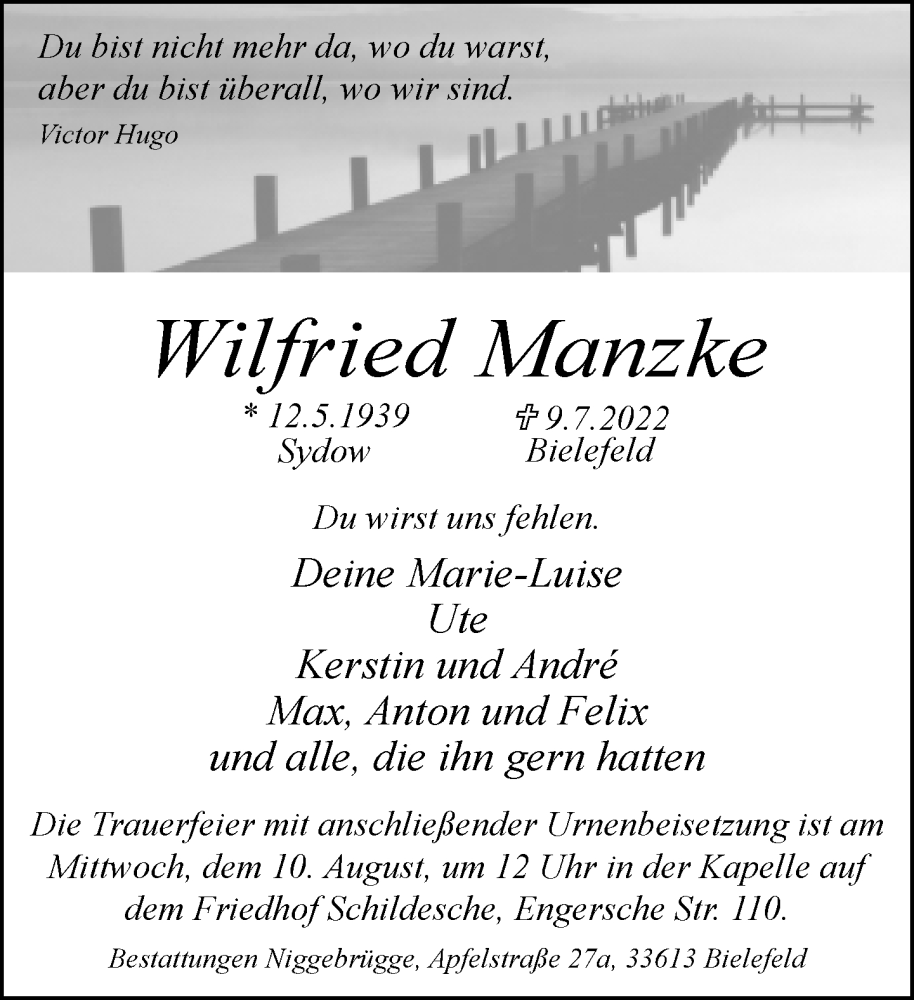  Traueranzeige für Wilfried Manzke vom 16.07.2022 aus Neue Westfälische