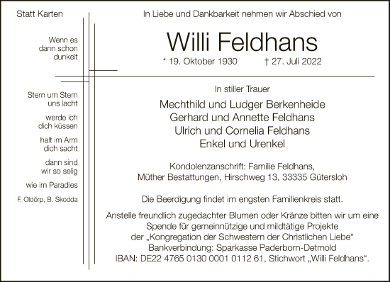 Traueranzeige von Willi Feldhans von Neue Westfälische