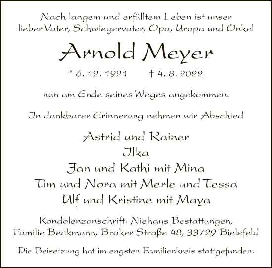 Traueranzeige von Arnold Meyer von Neue Westfälische