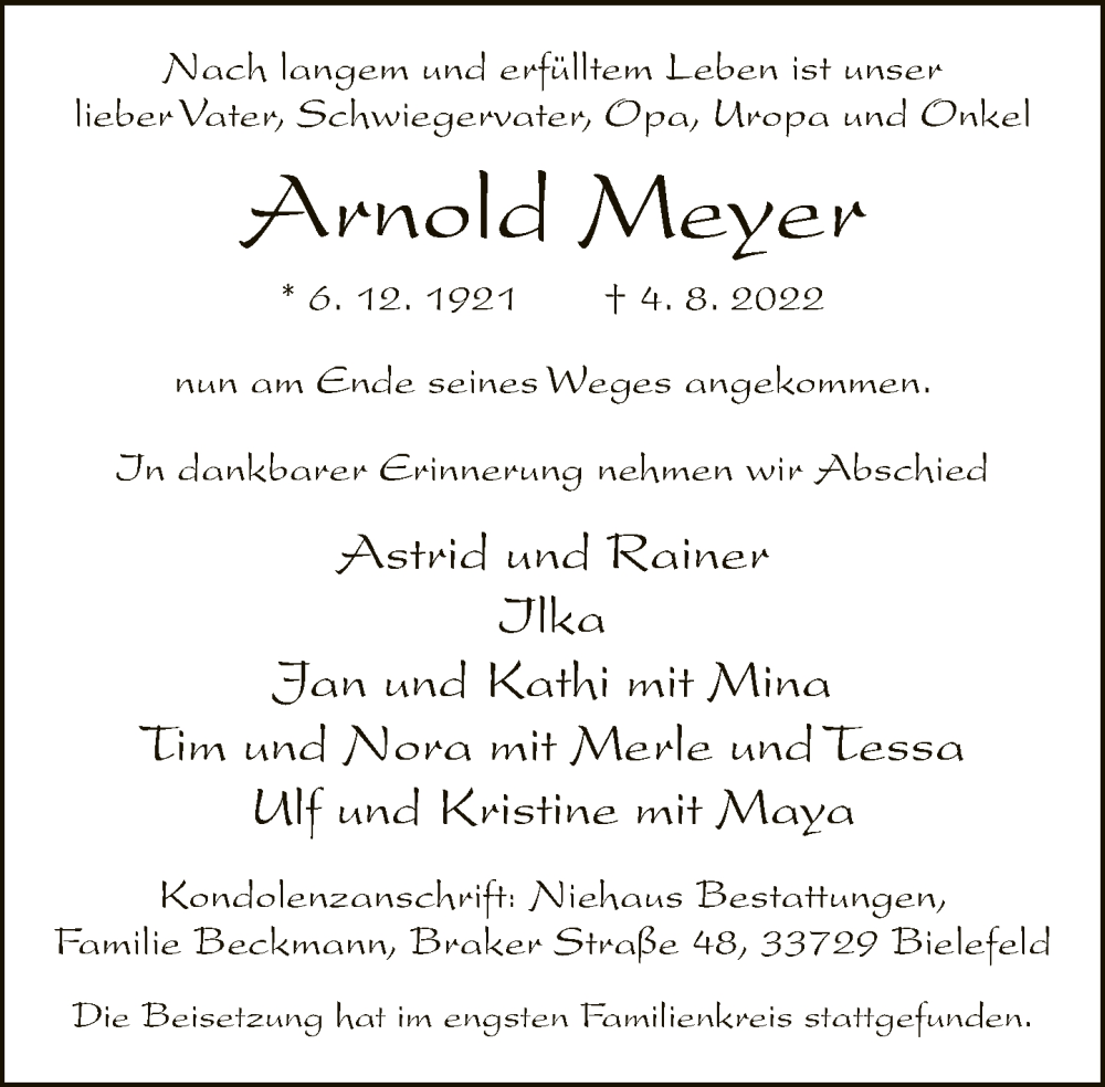  Traueranzeige für Arnold Meyer vom 20.08.2022 aus Neue Westfälische