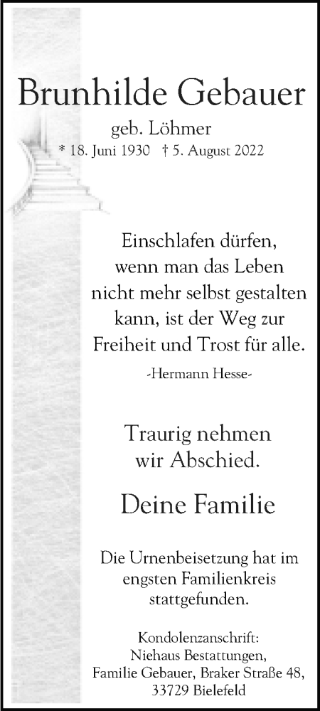 Traueranzeige von Brunhilde Gebauer von Neue Westfälische