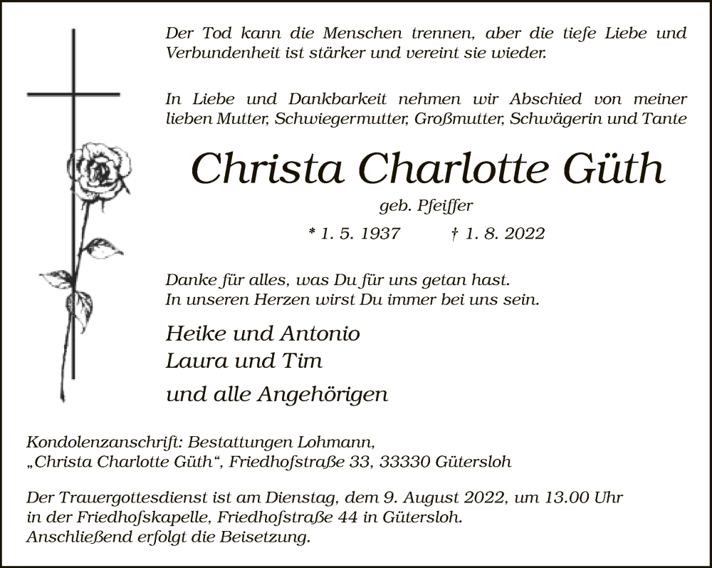  Traueranzeige für Christa Charlotte Güth vom 06.08.2022 aus Neue Westfälische